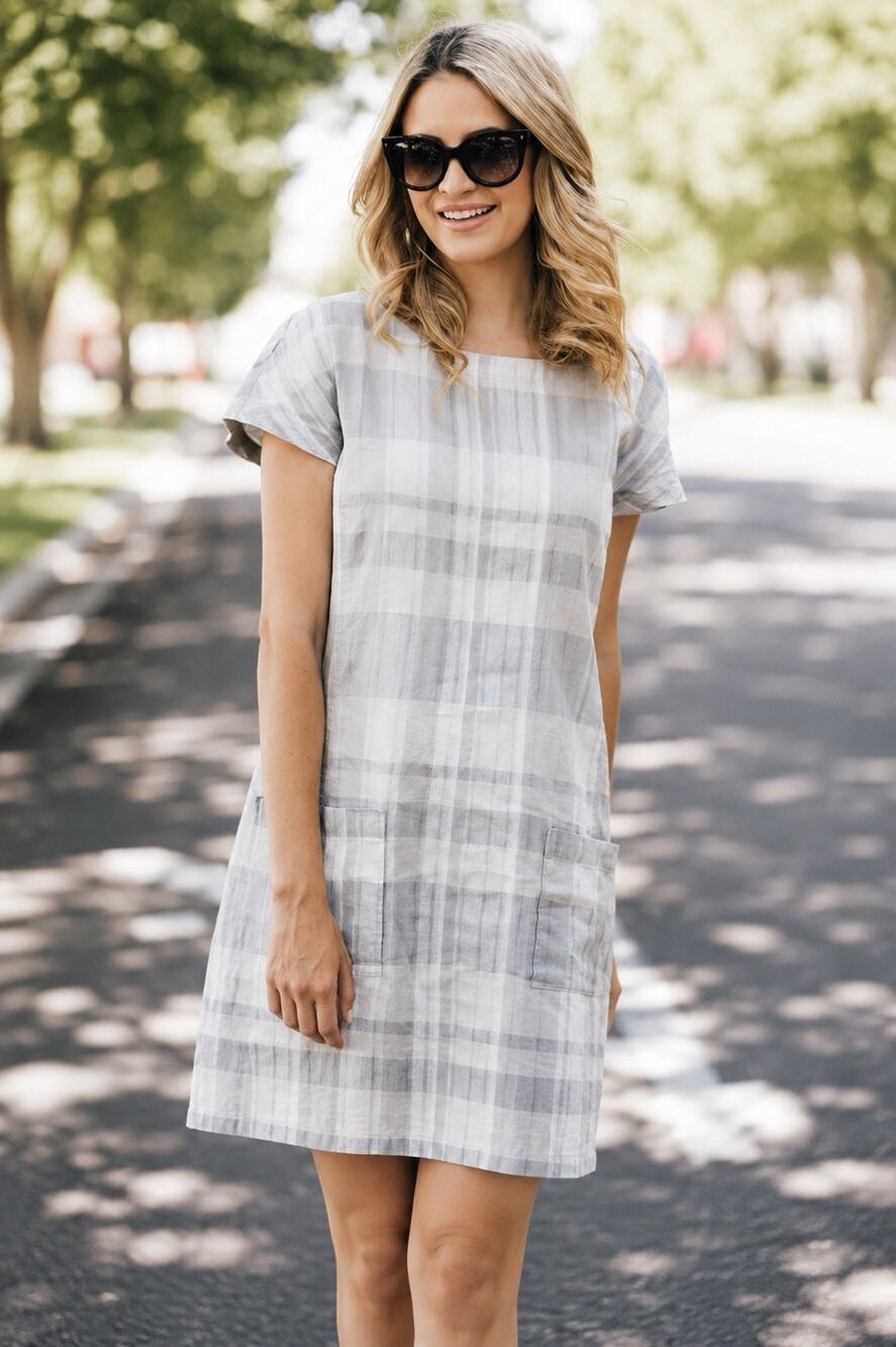 NEW Eileen Fisher Airy Organic Linen Cotton Plaid Shift Dress Gray XL